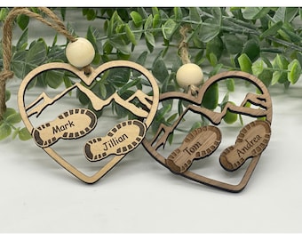 Personalized Name Couple Boot Print Heart Ornament, Hikers Christmas Ornament, Mountain Couples Gifts, Hiking Couple Gift, Custom Names