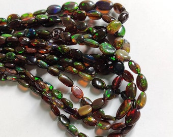 AAA+Natural Black Ethiopian Opal Smooth Oval Shape Beads Ethiopian Opal Beads | 37 Carat | Opal Plain Beads Fire Opal Beads Flashy Beads |