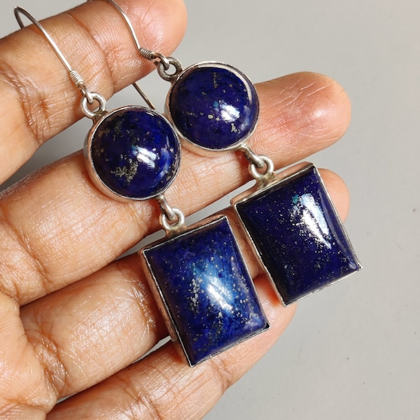 Gemsgram Natural Lapis Lazuli Dangle Earrings – 925 Sterling Silver, Handmade