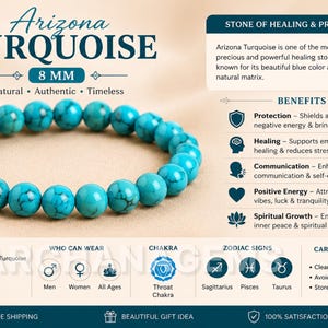 Könnte beinhalten: Ein dehnbares Armband aus 8 mm großen, runden Arizona-Türkisperlen mit natürlicher dunkler Matrix. Das Bild enthält Text, der den Stein als Quelle für Schutz und Heilung beschreibt und Vorteile, Chakra-Zuordnungen sowie Pflegetipps auflistet.