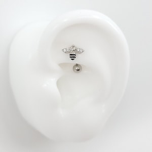 16G SILVER colored Cute Bee #Rook Curved Barbell Cartilage Piercing #Externally Threaded bar with Surgical Steel or Titanium