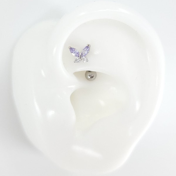 16G SILBER violett und klar CZ Schmetterling #Rook, Curved Barbell Knorpel Piercing #Externally Threaded Bar #Chirurgenstahl oder Titan