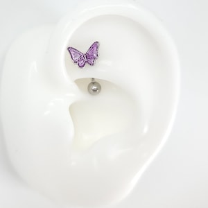 16G Purple Butterfly Rook Piercing: Surgical Steel Curved Barbell