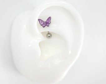 Piercing de mariposa morada de 16 g: barra curva de acero quirúrgico