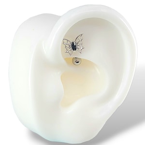 16G Butterfly with Spider Web with Black CZ#Rook, Curved Barbell Cartilage Piercing #Externally Threaded bar with Surgical Steel or Titanium