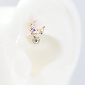 16G Cute Moon with AB Star#Rook, Curved Barbell Cartilage Piercing #Externally Threaded #Surgical Steel(6,8,10mm)or Titanium (6,8mm)