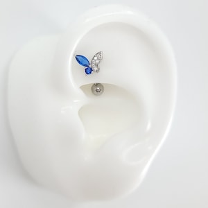 16G BLUE CZ Silver Butterfly #Rook, Curved Barbell Cartilage Piercing #Externally Threaded bar #Surgical Steel or Titanium