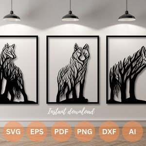 Wolf Wand Kunst | dxf | EPS | KI | png und PDF Dateien | Plotterdatei| Wandkunst dxf | Laserschnitt Dateien | Glowforge-Dateien | Wolf Panel svg