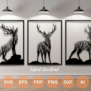 Herten kunst aan de muur svg | dxf | EPS | AI | png- en pdf-bestanden | plasmasnijbestand| kunst aan de muur dxf | lasergesneden bestanden | Glowforge-bestanden | Herten paneel svg