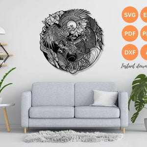 Dragon Phoenix Yin Yang SVG | Art mural Yin Yang | Yin Yang svg | fichier découpé au plasma | art mural dxf | fichiers découpés au laser | Fichiers Glowforge