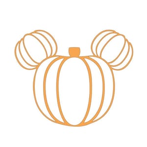 May include: Orange line drawing of a pumpkin with two smaller pumpkins on top, resembling Mickey Mouse ears.