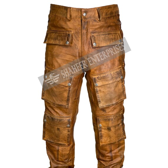 Men's Real Cowhide Leather Pants Brown 