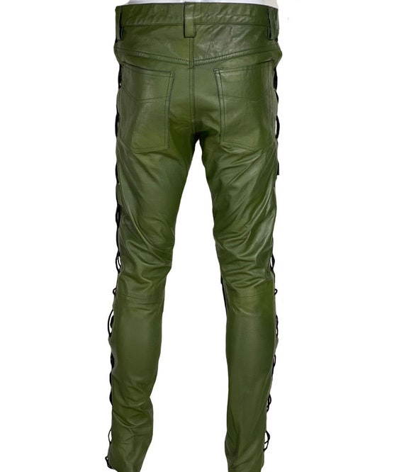 Men's Real Leather Pants Green Leather 