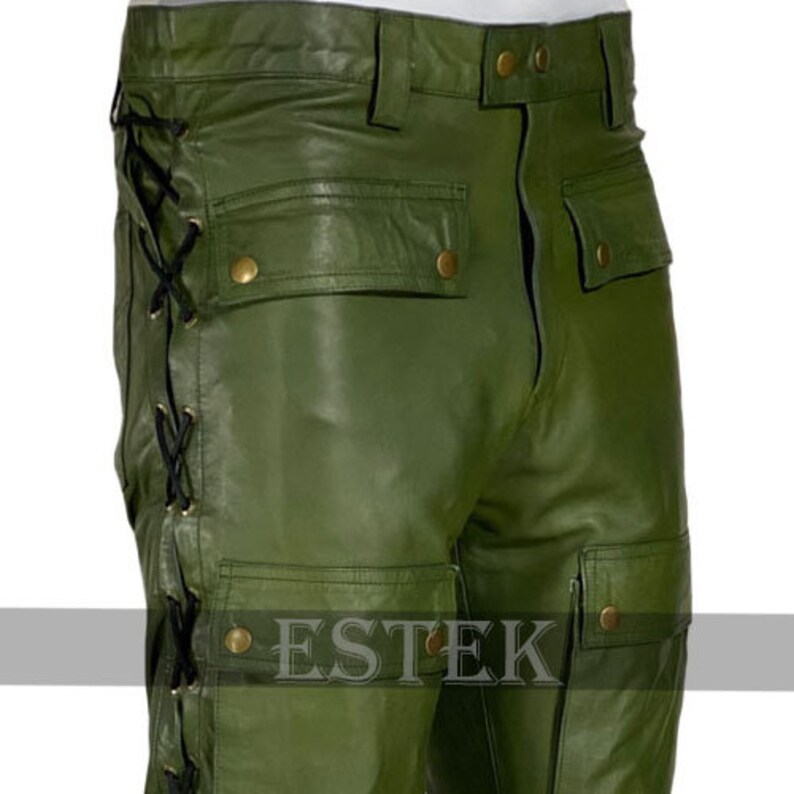 Men's Real Leather Pants Green Leather Pant Stylish Side Etsy