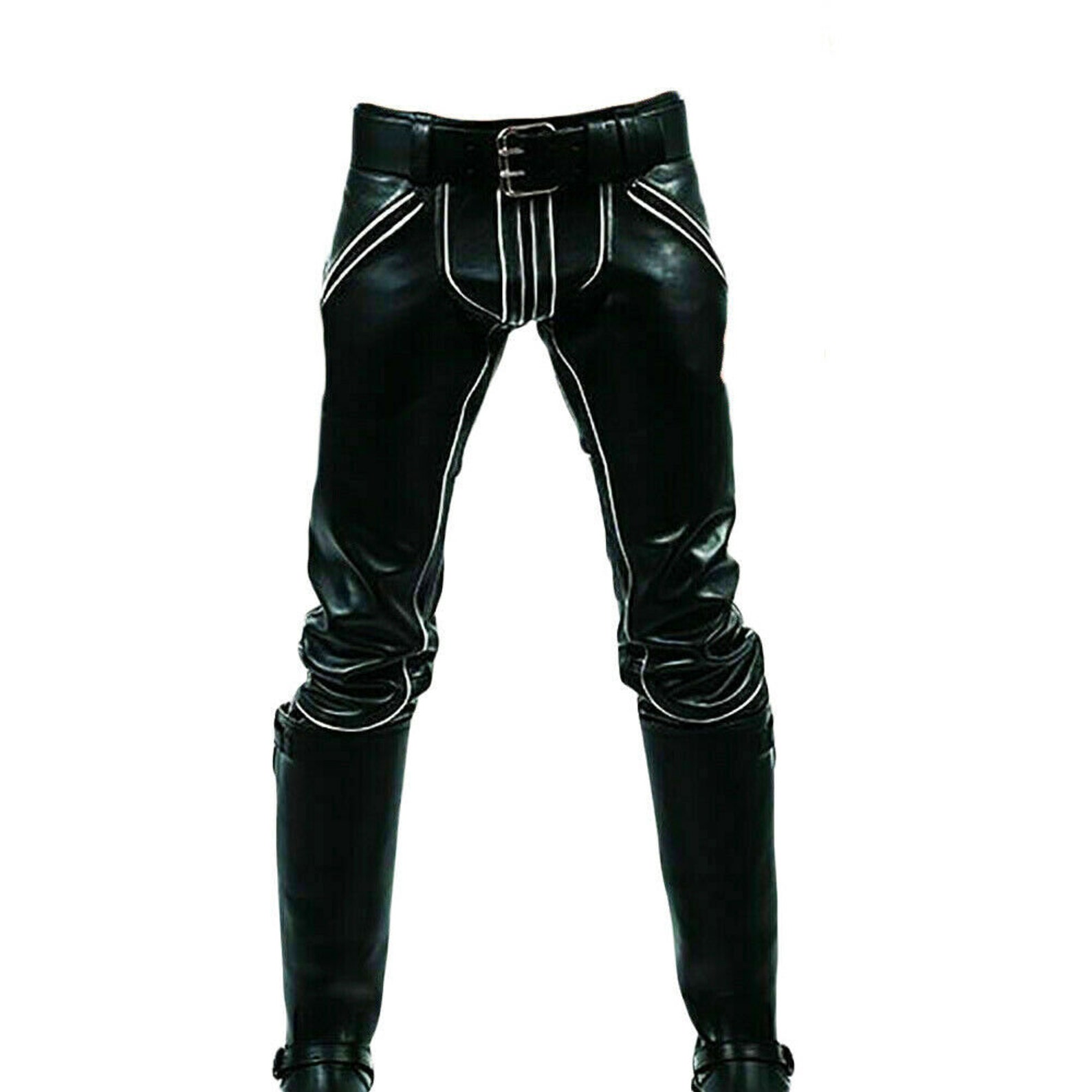 Men's Real Leather Pants Double Zip White Piping Pants Etsy