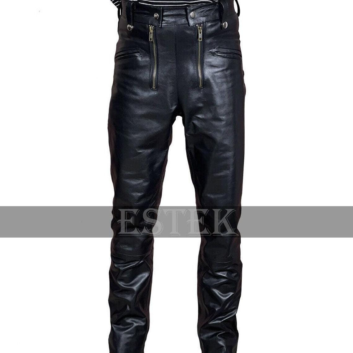 Leather Pants Builders Style with two zips and coloured strips - Leather Maniacs