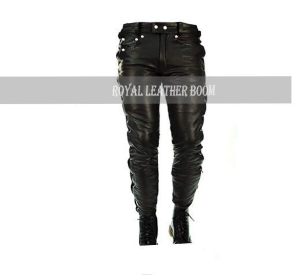 New Men's Real Leather Pants Side Laces 