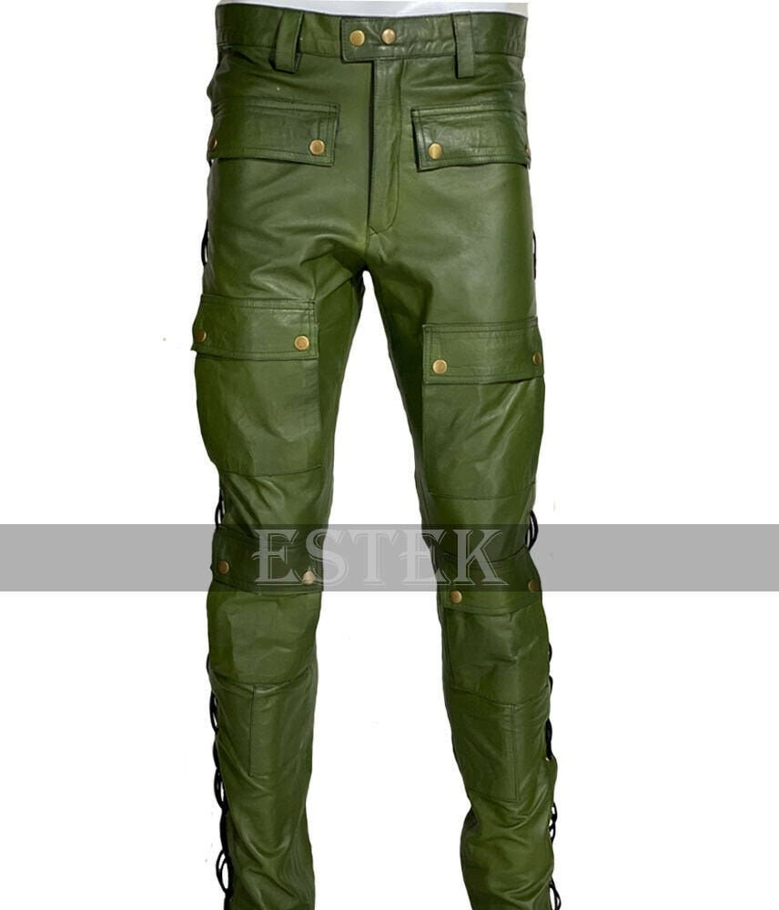 Men's Real Leather Pants Green Leather Pant Stylish Side Etsy
