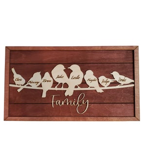 Custom family name sign birds on wire wood laser engraved wall décor or shelf sitter