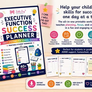 May include: A spiral-bound Executive Function Success Planner workbook with a colorful cover featuring text, icons, and a daily plan template. The set includes five additional printable planner pages, icons for skill building, and instructional text.