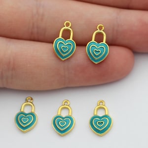 Shiny Gold Plated Tiny Heart Charm, Enamel Heart Pendant, Heart Lock Bracelet Charm, Mini Heart Beads, Colorful Pendants, Gold Plated Charms