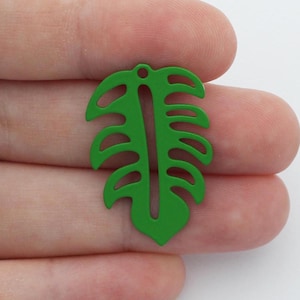 Tropical Green Monstera Leaf Earring Charms, Enamel Coated Metal Pendants, Jungle Leaf Jewelry Making Supplies, Boho Craft Components P-1885