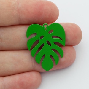 22x27mm Green Enamel Monstera Leaf Charm, Painted Stainless Steel Tropical Plant Pendant for DIY Earrings Jewelry Making Supplies P-2183