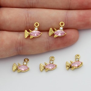 24k Shiny Gold Plated CZ Micro Pave Fish Charms, Mini Animal Charms, Cubic Zirconia Fish Bracelet Charms, Gold Plated Jewelry Findings