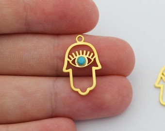 Shiny Gold Plated Hamsa Charms, Evil Eye Hamsa Charms, Blue Beaded Evil Eye Hand Pendant, Fatima Hand Charm, Gold Plated Jewelry Findings