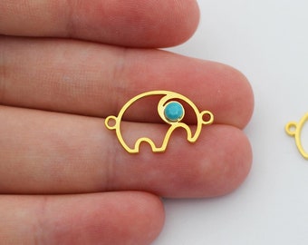 Shiny Gold Plated Elephant Bracelet Connector Charm, Blue Beaded Elephant Pendant, Elephant Jewelry, Gold Plated Wholesale Jewelry Supplies