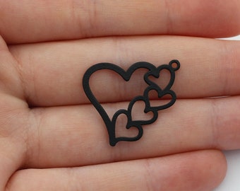 2 breloques coeur en acier plaqué noir, lunette coeur ouvert en acier, breloque coeur sur une rangée, connecteurs de boucle d'oreille en acier, pendentif coeur contour P-2203