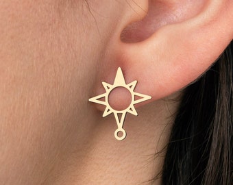Raw Brass Star Earrings, North Star Stud Earrings, 6 Brass Stud Earrings, Earring With Loop, Jewelry Making Supplies Earring Finding RW-1696