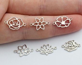 Silver Birth Flower Connector Charm for Bracelets, Rhodium Plated Birth Month Flower, Personalized Birth Flower Charms for Permanent Jewelry