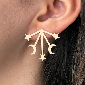 Raw Brass Crescent Moon and Stars Earrings, Brass Celestial Earrings, Brass Earring Findings, Jewelry Making Supplies  RW-1644