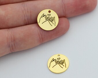 24k brilhante banhado a ouro mindinho promessa personalizado gravado charme, gestos de mão colar charme, melhor amigo colar pingente