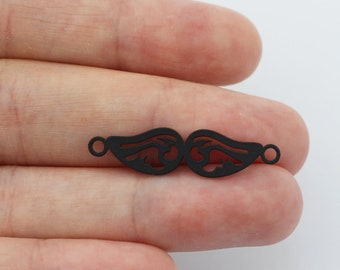 Charme de conector de asa de anjo banhado a preto, pingente de pulseira de asa de coração de anjo fada com 2 laços, suprimentos de joias cortadas a laser P-2252