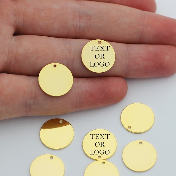 14.5mm 24K Shiny Gold Plated Tiny Round Charm, Round Disc Charm, Your Own Text or Logo Engraved Charm, Stamping Tag, Flat Disc Charm