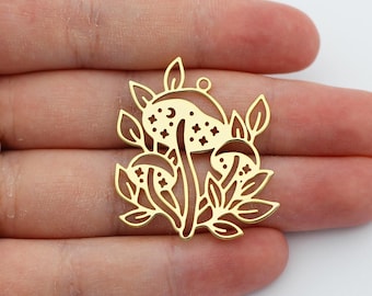 Gold Plated Mushroom Charm, Moon and Stars Mushroom Pendant, Celestial Mushroom Charm, Gold Plated Brass Jewelry Making Supplies GLD-2296