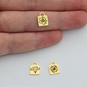 24K Gold Engraved Birth Flower Charm, Birth Month Flower Pendant, Personalized Charm, Gold Plated Permanent Jewelry Floral Flower Charm