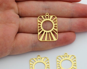 Encanto del sol rectangular chapado en oro brillante de 24k, colgante del sol geométrico, encantos celestiales para la fabricación de joyas, suministros de colgantes de collar GLD-1305