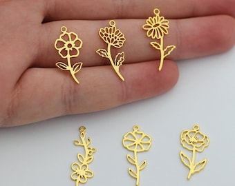 24k Shiny Gold Plated Birth Month Flower Pendant, Tiny Birth Flower, Handmade Personalized Necklace Charms,DIY Flower Charms 11x25mm