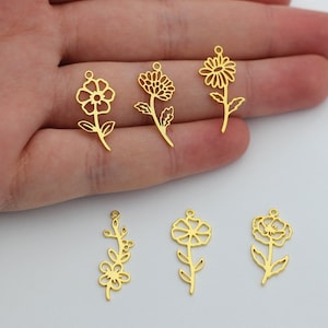 24k Shiny Gold Plated Birth Month Flower Pendant, Tiny Birth Flower, Handmade Personalized Necklace Charms,DIY Flower Charms 11x25mm