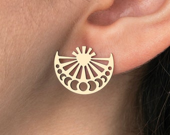 Raw Brass Moon Stud Earrings, Semi Circle Moon Phase Earrings, Sun and Moon Earrings, Brass Earring Findings Jewelry Supplies RW-1703