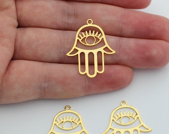 24k Shiny Gold Plated Hamsa Hand Charm, Evil Eye Hamsa Hand Necklace Charm, Earring Charms, DIY Jewelry Supplies Components GLD-2017