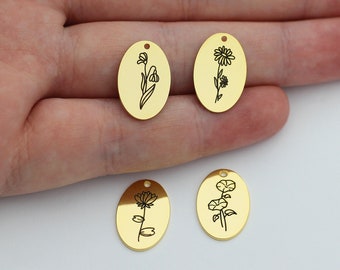 24K Engraved Birth Flower Necklace Charm, Gold Oval Disc Necklace, Personalized Birth Flower Necklace Pendant, High Quality Jewelry Supply