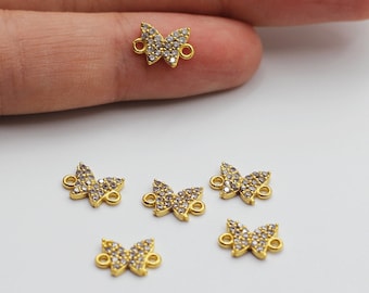 7x10mm 24K Glänzender Schmetterling Anhänger, CZ Micro Pave Schmetterling Perlen, Zirkonia Perlen, Pave Perlen, Vergoldete Schmuckzubehör CZ-1027