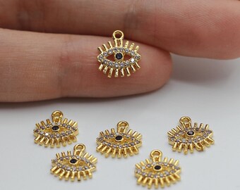 10x11mm 24K Shiny Gold Plated CZ Micro Pave Eye Charm, CZ Pave Eye Pendant, Cubic Zirconia Eye Necklace Charms, Gold Plated Eye CZ-1036