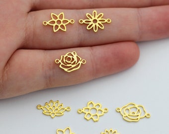 24K Real Gold Plated Birth Flower Connector Charm for Bracelets, Birth Month Flower, Personalized Birth Flower Charms for Permanent Jewelry