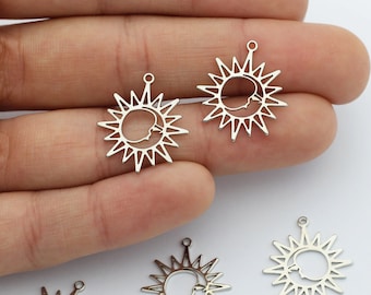 Encanto de sol y luna chapado en rodio, encanto de sol cortado con láser, colgante de cara de luna, encantos celestiales para la fabricación de joyas, encanto de pendiente de sol de plata