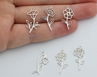 Encanto de flor de nacimiento chapado en rodio, colgante de flor del mes de nacimiento, colgante de collar de flores de nacimiento personalizado, suministros de joyería de alta calidad